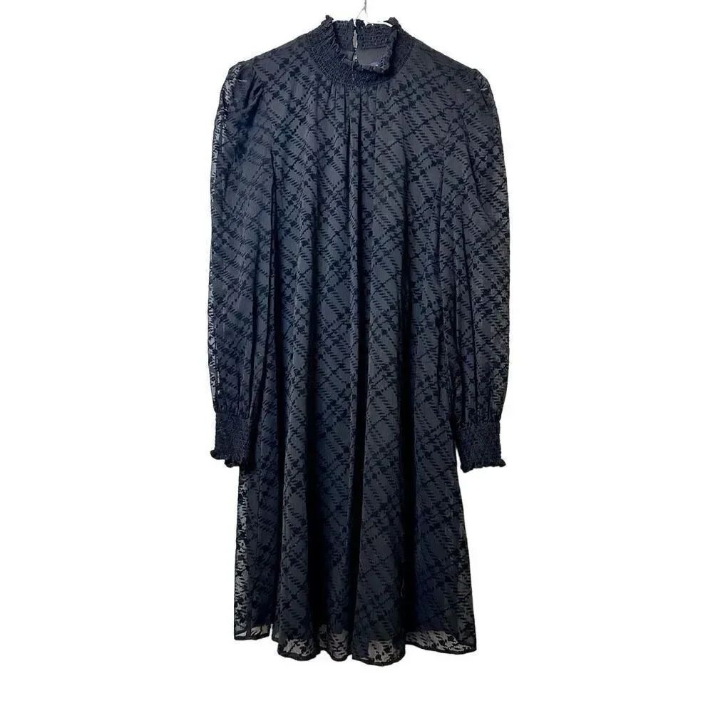 Tommy Hilfiger Raised Velvet Plaid Chiffon Smocked Neck Shift Dress Black Sz 10